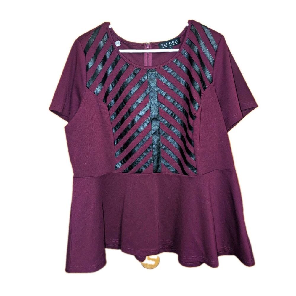 Y2K Eloquii Purple/Black Peplum Blouse Faux Leather Accents Zip Scoop Neck 22